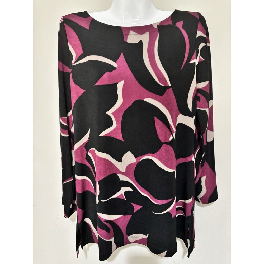 Chico's Travelers Leaf Print Slinky Top Tan Burgundy Black Sz 1M